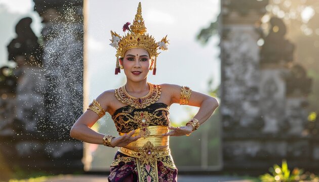 A high-definition, dynamic action photo of a Balinese Legong dancer performing on a temple stage during golden hour