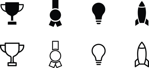 Trophy medal light bulb and rocket ship icons set in styles and black and white and award in outline and solid styles © lok0077