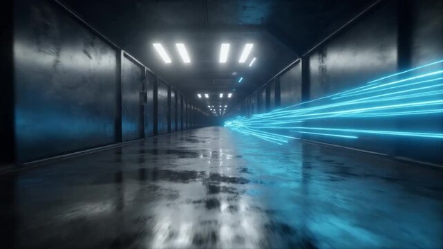 暗いメタリックな廊下を高速で駆け抜けるコバルトブルーの光の軌跡