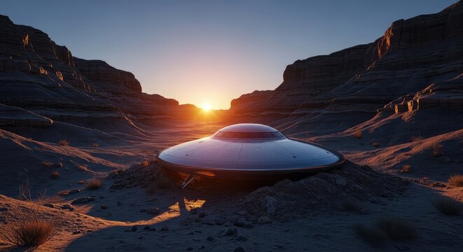 A metallic saucer-shaped spacecraft sits embedded in the rugged rocky ground of a desert canyon as the morning sun rises in the distance, metallic, rocks, cinematic