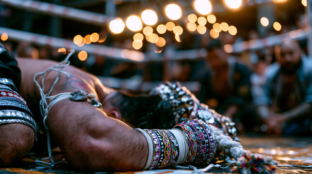Muay Thai fighter kneels on the canvas in traditional wai kru ram muay pre-fight ceremony as decorated armbands and mongkon headpiece frame the ritual while corner seconds observe solemnly and arena