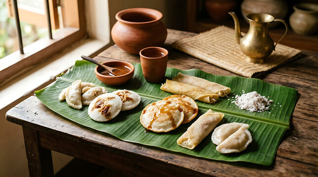 Traditional pitha arrangement on banana leaf with terracotta bowls in rustic setting
