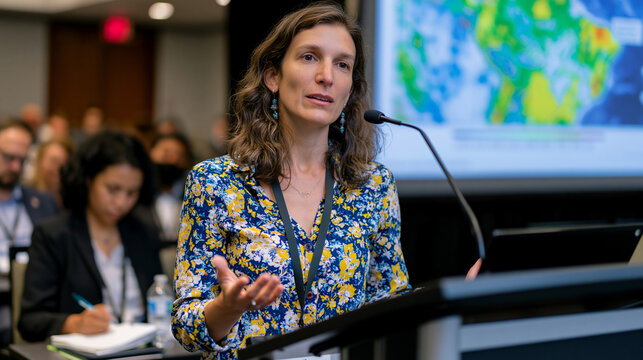 Research equity advocate presents geographic distribution data showing rural science infrastructure gaps at international conference panel, crowded auditorium visible beyond podium, co-panelist from