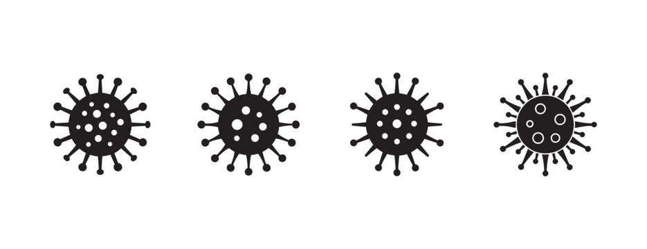 Coronavirus icons set with different virus structures and spikes  simple black illustrations of various virus models