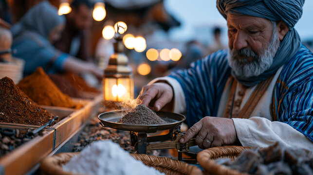 Street vendor at outdoor Moroccan spice market weighing cumin on antique brass scale at twilight, lantern glow catching plumes of powdered saffron, buyers leaning over wooden bins, the market sensor