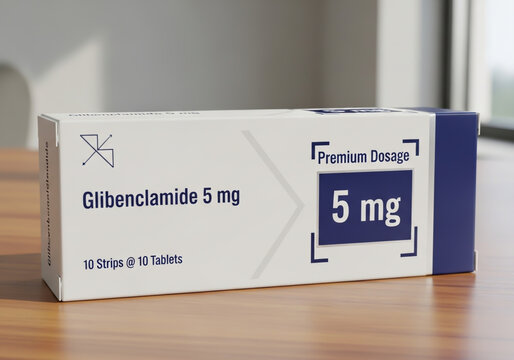 Glibenclamide 5 mg medicine box for type 2 diabetes treatment