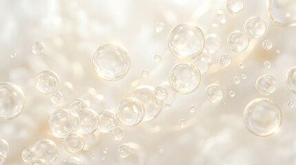 Fototapeta premium Golden bubbles floating on light cream background abstract 3D render