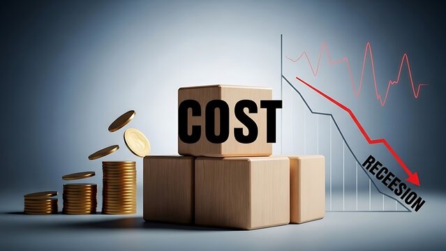 Cost reduction concept with blocks and arrow.