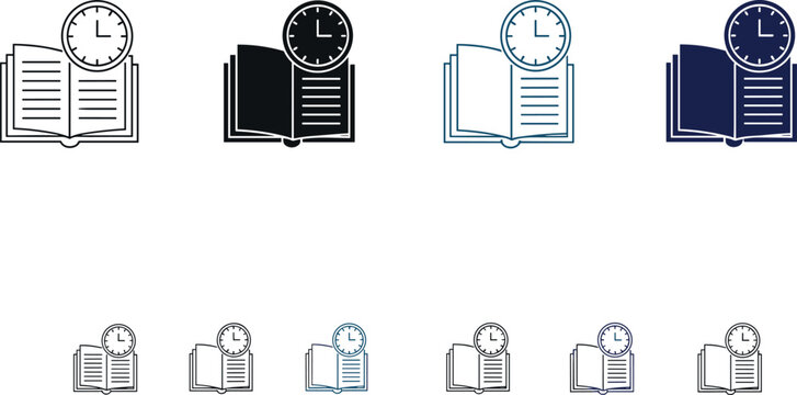 Education and time management icon set representing study schedule reading tracking book learning exam preparation deadline textbook and knowledge library vector