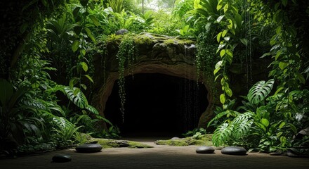 Naklejka premium Mysterious stone cave entrance surrounded by dense tropical plants, exotic ferns, and trailing vines within a humid, verdant jungle forest, natural, background, cave
