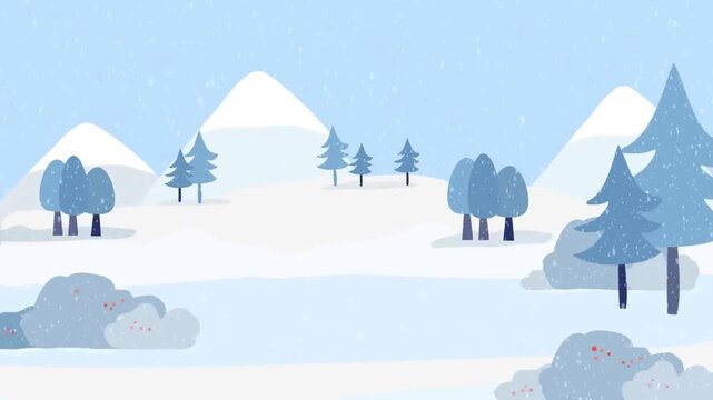 Cute Snowman Character Dancing in Snowy Winter Landscape with Trees and Mountains Animated character of a snowman joyfully dancing in a charming winter scene, featuring snow-covered trees and mountain