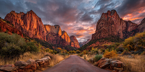 Naklejka premium Zion National Park Colorful Canyon Road at Sunset
