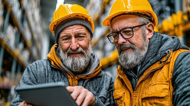 Experienced Warehouse Workers Using Digital Tablet in Modern Logistics Center, Experienced Warehouse Workers Using Digital Tablet for Inventory Management