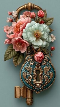 Vintage Floral Lock and Key with Blooming Peonies and Ornate Antique Metalwork, Vintage Floral Lock and Key for Romantic Garden Art, Luxury Decorative Design and Secret Love Concept