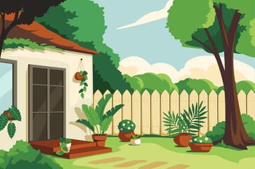 Obraz premium Vector illustration of cozy backyard garden with house patio, wooden fence, tree, green lawn and potted plants. Summer outdoor yard scene for home, gardening and relaxation design