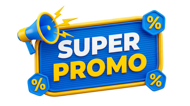 3d super promo sign with megaphone and percentage symbols for marketing campaigns and special sales events isolated on a clean white background