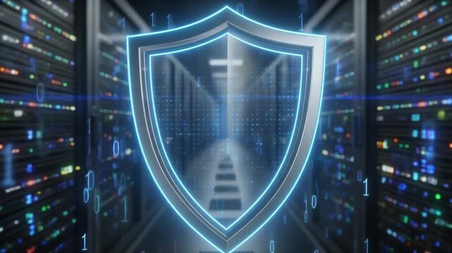 流れるバイナリデータの上に光る青と銀の保護シールドを形成するニューラルネットワーク