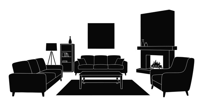 Modern living room silhouette with fireplace and furniture set