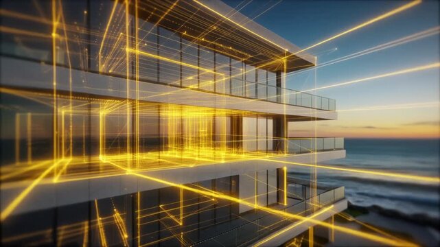 夕暮れ時に海岸沿いのモダンな建物の外観をマッピングする点群データスキャン