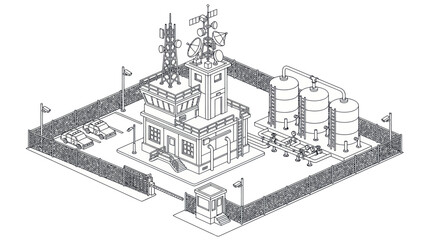 Isometric Secure Industrial Facility Line Art Vector © Mardiyo
