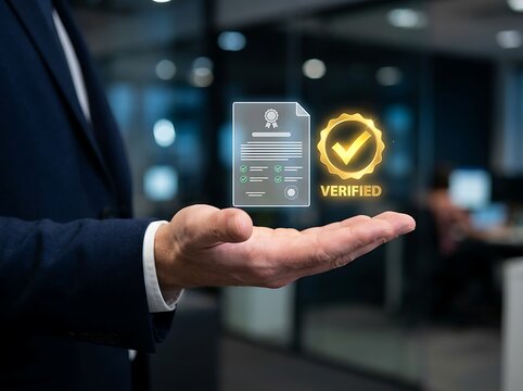 Smart legal contract illustration featuring a glowing blue document with checkmarks and a luxury gold verification medal.