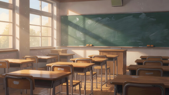 A serene empty classroom with sunlight streaming through the windows, soft animation illustration