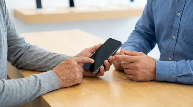 Hands Focused Senior Smartphone Help At Telecom Service Counter