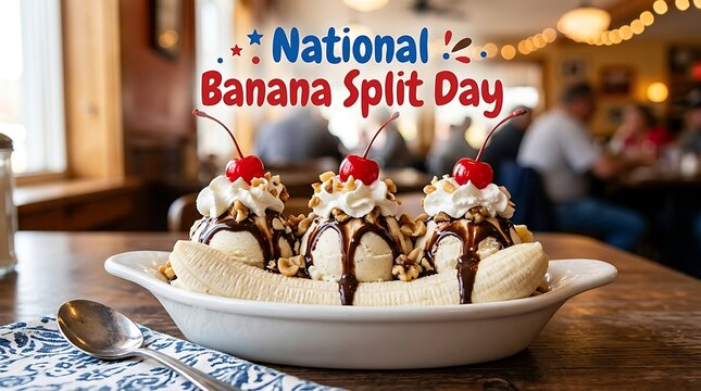 Delicious banana split dessert with whipped cream cherries and nuts on table for celebration