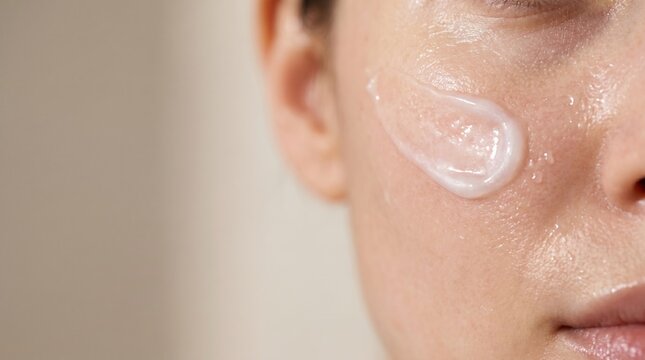 Macro close up of cream gel on woman cheek for skincare concept.