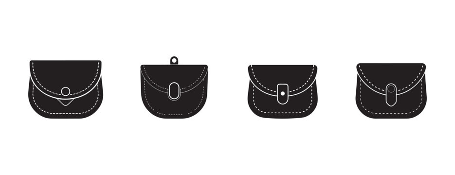 leather purse designs with white stitching and buckles on a white background  various small pouches with clasps and stitching details
