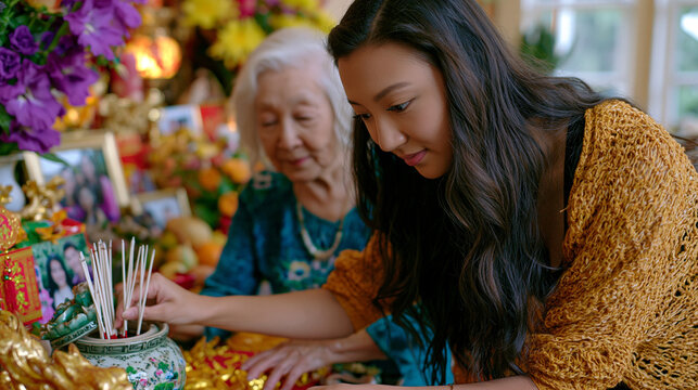 Young Vietnamese American teenager helping grandmother hang ancestor altar offerings in living room, incense sticks arranged in ceramic holder, family photographs mixed with traditional symbolic ite