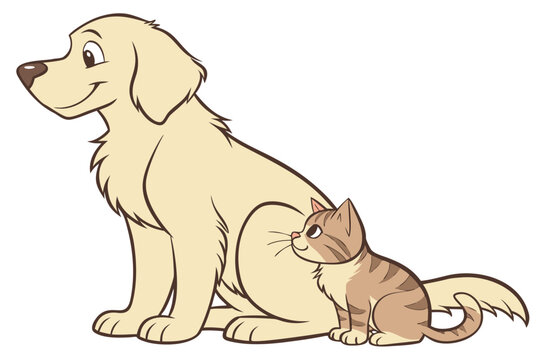 Cute golden retriever dog and tabby kitten sitting together vector illustration.
