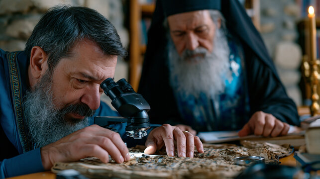 Academic researcher photographing deteriorating Coptic manuscript page with macro setup inside Egyptian monastery library, monk supervising closely, stone walls thick around them, the collaboration 