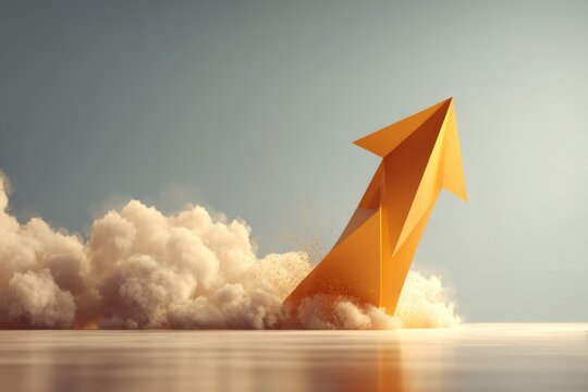 Golden paper plane launching upward through soft cloud of dust on reflective surface with bright light, dynamic geometric motion and abstract energy