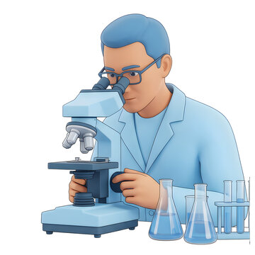 Cartoon scientist looking through a microscope with lab equipment