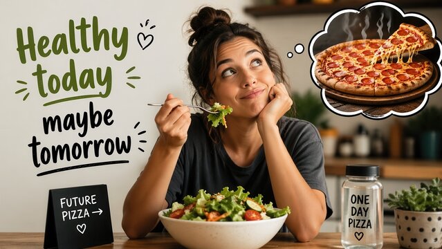 Funny woman eating healthy salad while dreaming about pizza with diet humor lifestyle concept art