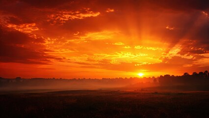 Obraz premium Vibrant Sunset Over Misty Field with Sunbeams and Orange Sky
