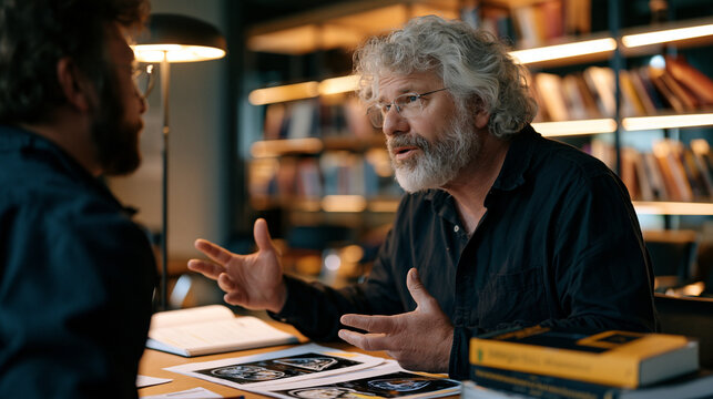 Consciousness studies philosopher and neuroscientist face each other across seminar table covered in brain imaging printouts and phenomenology texts, animated debate captured in expressive hand gest