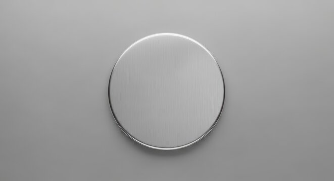 A clean top-down view of a round blank silver metal pin button mockup isolated on a neutral gray background with realistic soft shadows, minimalist, mockup, craft