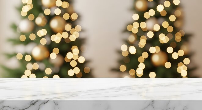 A clean white marble countertop surface with a soft blurred background featuring festive Christmas trees and golden glowing bokeh lights, trees, marble, celebration