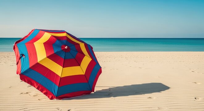 Nostalgic view of a vibrant striped parasol positioned on a quiet sandy beach during a warm summer day with vintage film aesthetic tones, sunshine, aesthetic, classic