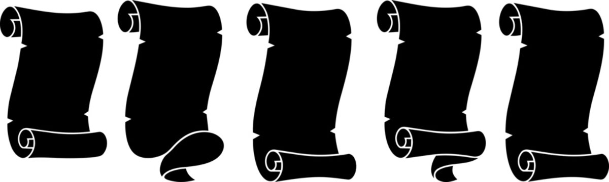 Set of five blank black vintage paper scroll vector graphic elements for creative design project layouts