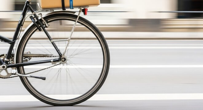 A fast-moving bicycle wheel spins with motion blur on a city street while a cardboard parcel stays strapped to a metal rack during a rush, rotation, hub, path