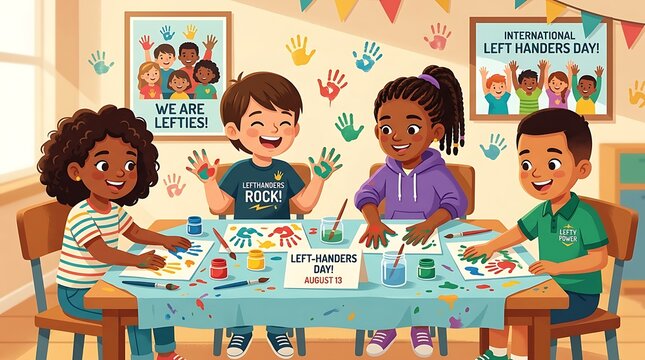 Happy diverse children celebrating international left handers day by painting handprints together at school