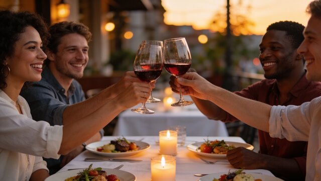 Happy hosts proposing a toast while friends raise wine glasses in a warm and elegant restaurant setting.