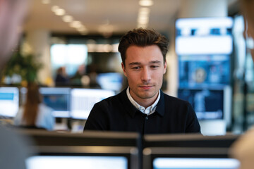Obraz premium A focused young professional immersed in digital work, showcasing concentration and dedication in a modern office environment that reflects contemporary corporate culture and youthful energy.