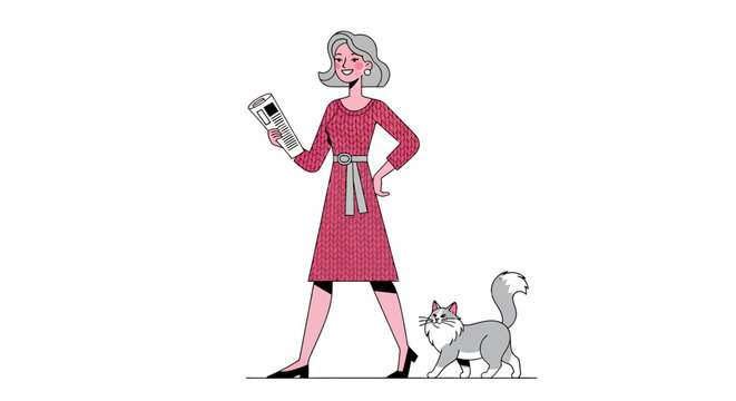 Woman in red dress holding camera with cat.