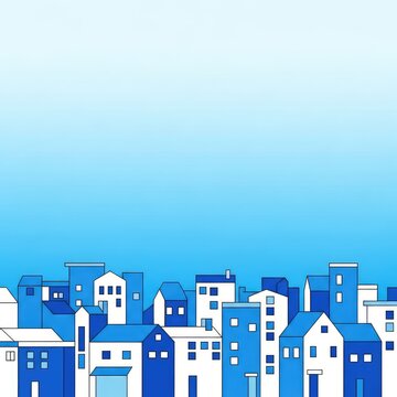 A minimalist row of stylized blue and white houses stands against a smooth blue gradient background, creating a clean and modern urban scene, community, style, background