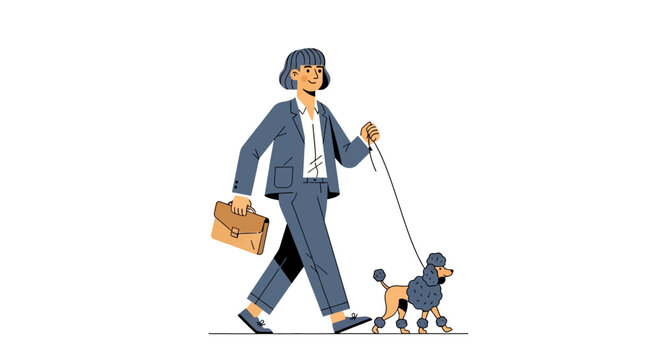 Businesswoman walking her poodle on a leash.