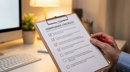 Obraz premium Person completing a compliance checklist on a clipboard in an office setting, ensuring regulatory adherence.